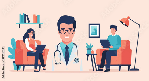 Doctor with patients in a waiting room, receiving remote consultations