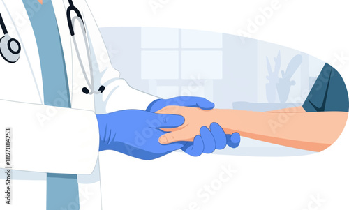 Doctor wearing gloves holds patient's hand in a supportive gesture