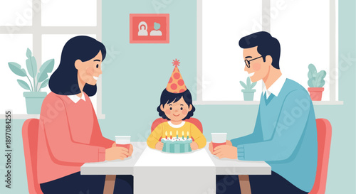 Family celebrating a child's birthday with cake and drinks at a table