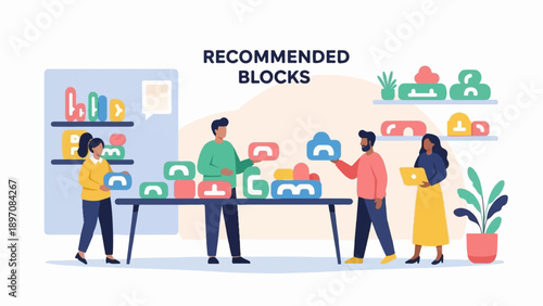 Diverse people collaborate building with colorful blocks on a table and shelves