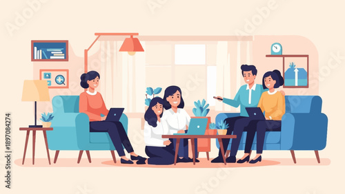 Diverse people collaborate and learn using laptops in a cozy living room setting