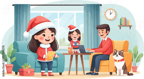 Family celebrating Christmas at home with a dog and festive decorations