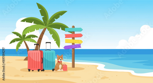 Dog and luggage on a tropical beach with palm trees and a signpost