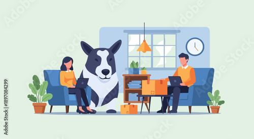 Diverse people and pet work on laptops in cozy room with plants and boxes