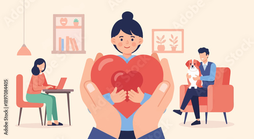 Diverse individuals express care for hearts, pets, and work