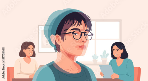 Diverse individuals in a bright, modern space, focused on collaboration and connection