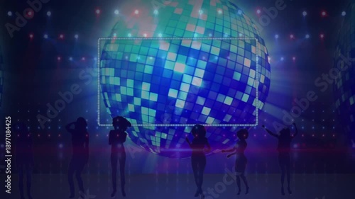 Animation of banner with copy space over silhouette of girls dancing against spinning disco ball