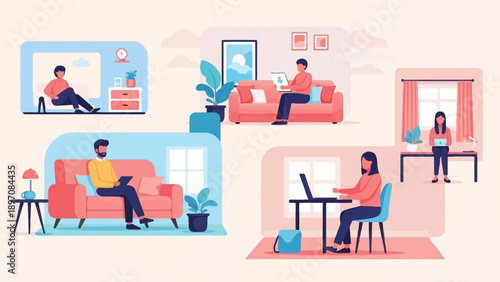 Diverse individuals engaging in remote work and leisure activities at home