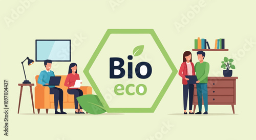 Diverse individuals engage with technology in domestic settings, linked by eco-friendly motifs