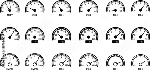 Set of speedometer and gauge icons showing empty and full levels, analog dashboard indicators vector illustration collection isolated on white