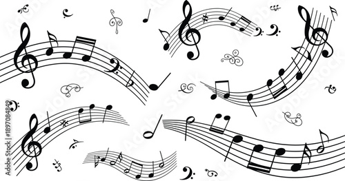 Abstract flowing musical notes and treble clef symbols creating elegant rhythmic motion, harmony, melody background illustration for music design