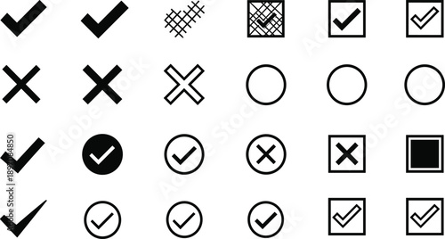 Minimal check mark and cross icon set collection with circles and squares for user interface validation design elements