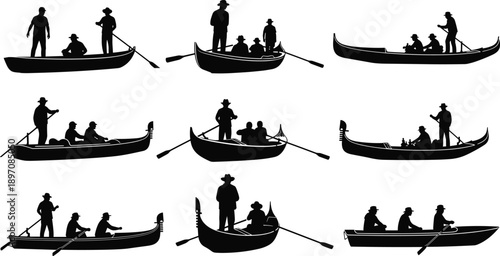 Gondola Boat Silhouette Illustration Set Showing Rowers and Passengers, Traditional Venetian Watercraft Black Vector Figures for Travel and Tourism Design