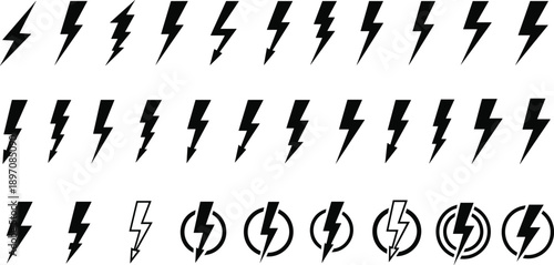 Lightning bolt icon set black electric power thunder symbol collection modern minimal vector illustration isolated design