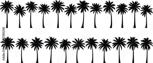 Tropical palm tree silhouette set seamless border pattern black vector illustration for summer beach nature landscape design