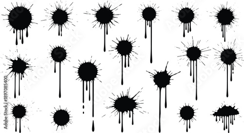 Ink splatter and paint drip silhouettes set, grunge abstract splash shapes in black vector style for urban, graffiti, and artistic design projects