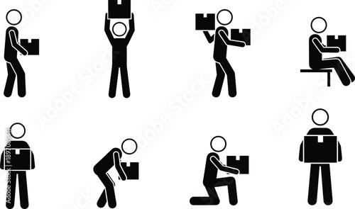 Manual Handling Stick Figure Icons Set, Workers Lifting and Carrying Boxes, Warehouse Safety Pictograms for Logistics, Labor and Workplace Ergonomics