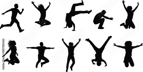 Jumping People Silhouettes Set, Active Men and Women Poses Isolated on White Background for Fitness, Dance, and Lifestyle Design