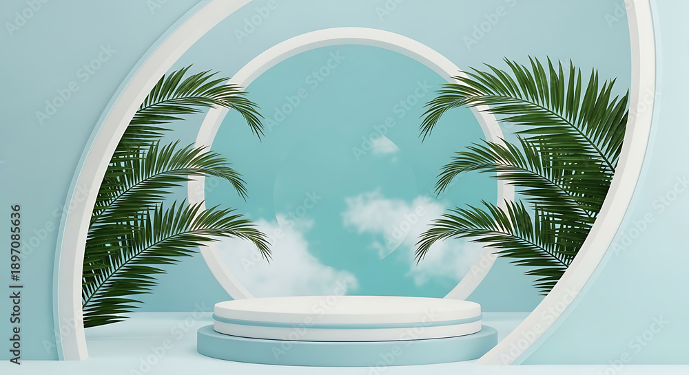 Fototapeta premium Modern podium with palm trees and blue sky for product display