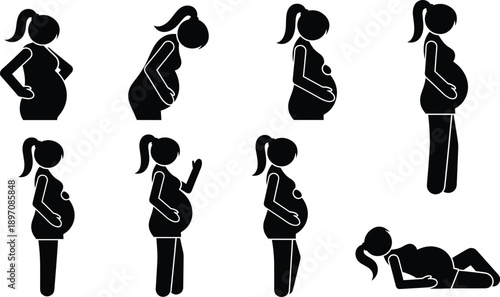 Pregnant Woman Silhouette Icons Set, Maternity Pregnancy Poses and Stages, Expecting Mother Body Positions Black Pictograms Isolated on White Background