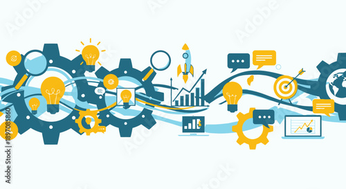 Business Process Infographic with Gears and Charts.