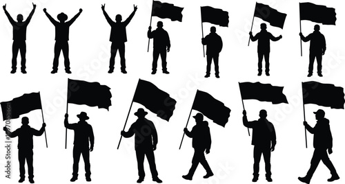 Protestor Silhouette Illustration Set Showing People Holding Flags and Raising Arms, Black Vector Figures for Demonstration and Activism Design