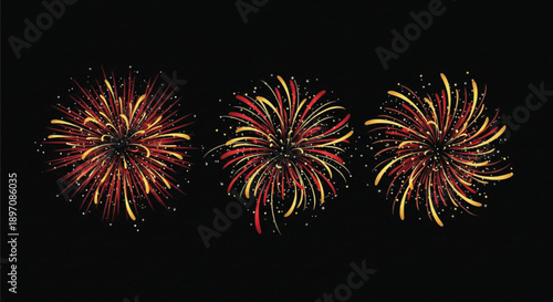 Red and Gold Fireworks with Sparkling Stars on Black Background, Festive Celebration Night