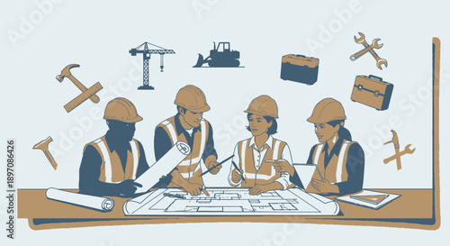 Construction Workers Discussing Project Plans Together.