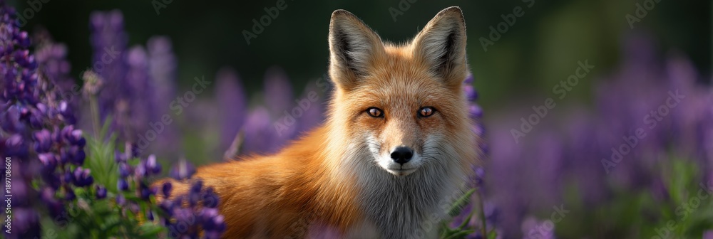Fototapeta premium Red fox amidst purple lupine flowers in sunlit meadow