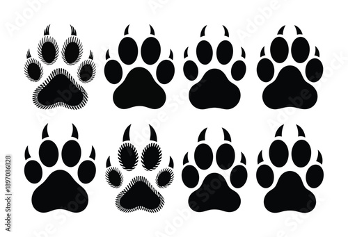 Collection of Black Paw Prints with Claws on White Background