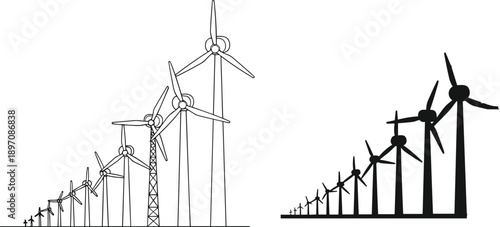 Wind turbine silhouettes and line art set illustrating renewable energy generation, sustainable power infrastructure, and clean electricity concept in minimalist black and white style