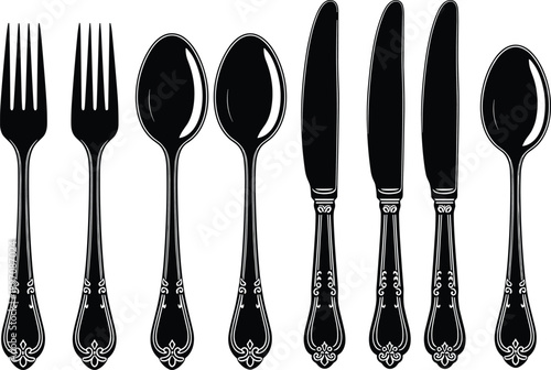 Vintage black cutlery set silhouette with forks spoons and knives isolated on white background for tableware design and restaurant branding
