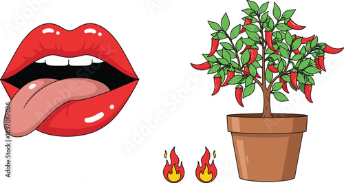 Spicy chili concept illustration with hot red lips tongue fire flames and chili pepper plant flat vector design
