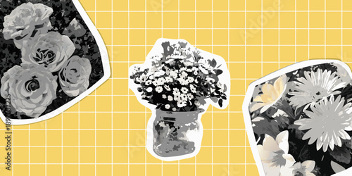 Floral arrangements in vases against a yellow grid background