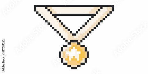 Pixelated gold medal with ribbon a symbol of achievement and victory