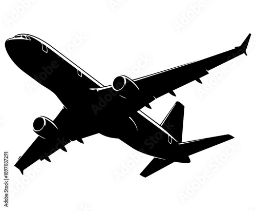 Commercial airplane flying through the sky with engines and wings visible in a black silhouette