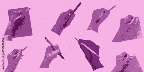 Abstract purple shapes resembling hands holding thin pointed objects