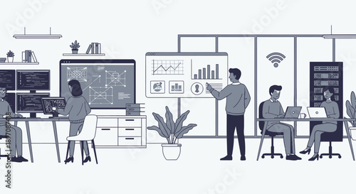 Office workers collaborating in modern workspace environment.