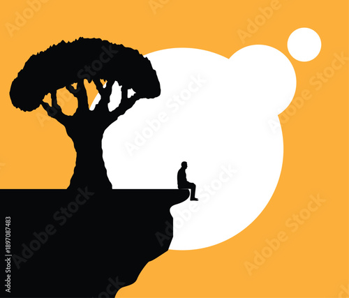 Silhouette of Man Sitting by the Cliff in Sunlinght with Tree. People hiking, nature and outdoor activities vector art