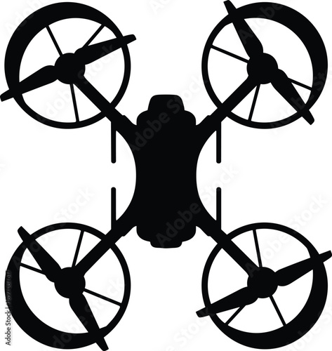 Quadcopter drone silhouette, top view icon, black symmetrical rotor design, aerial technology symbol, minimal flying device, vector illustration