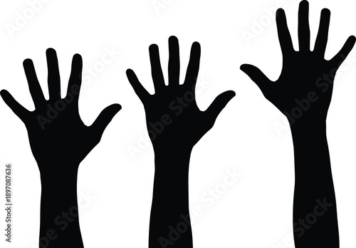 Raised hands silhouette symbolizing unity, diversity, support, and volunteering, black vector illustration on white background for community themes