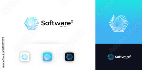 AI Automation Hexagon Geometric Line Logo, Software Company Logotype Concept, Business Digital Transformation Symbol, Research and innovative Technology. Abstract Funnel Swirl Vortex Design. Vector