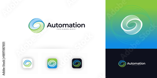 AI Automation Round Logo Icon Label, Software Company Logotype Concept, Business Digital Transformation Symbol, Research and innovative Technology. Abstract Funnel Swirl Vortex Design. Vector Logos