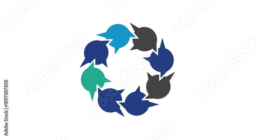 A circular arrangement of abstract shapes in various hues forming a symmetrical pattern, vector illustration