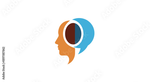 An illustration of a human head profile with a speech bubble and abstract shapes, vector graphics art