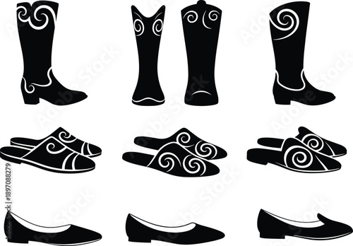 Black footwear silhouettes collection including boots slippers and shoes with decorative patterns isolated on white background for fashion design use