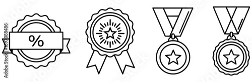 Set of black and white award badges and medals with stars and percentage symbol on transparent background for recognition and achievement designs
