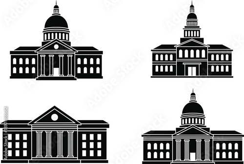 Classic government building silhouettes set featuring capitol style architecture icons in black and white vector illustration for institutional design