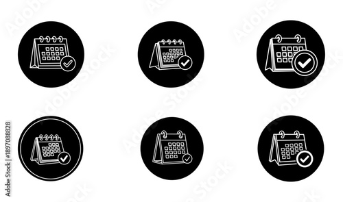 Minimalist calendar icons with checkmarks for scheduling, planning, appointments, task completion, and productivity interfaces