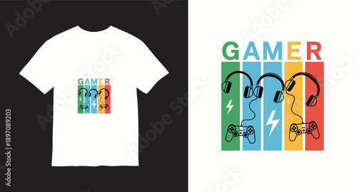 Gamer headphones and controllers graphic t-shirt design with colorful stripes